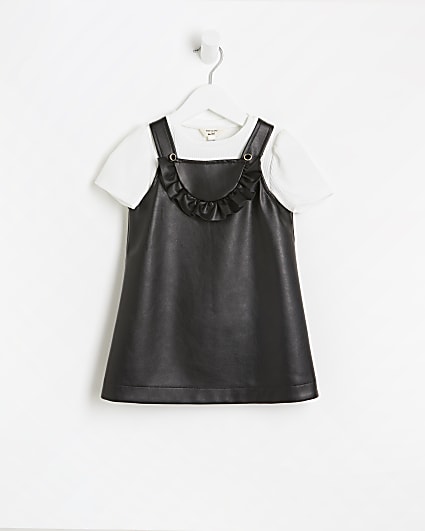 Mini girls black faux leather pinafore dress