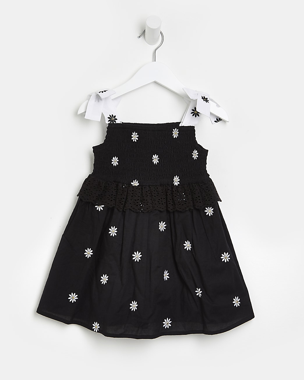Mini girls black floral broderie dress