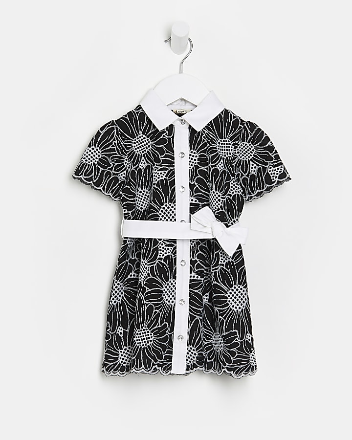 Mini girls black floral broderie shirt dress
