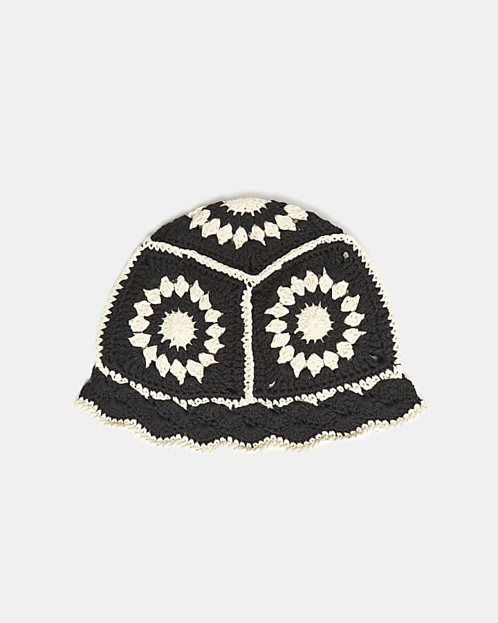 Mini girls black floral crochet bucket hat