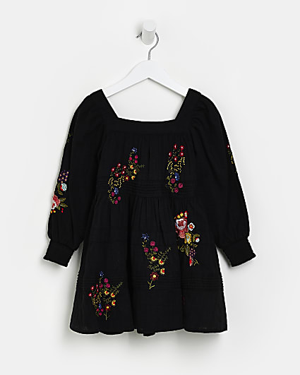 Mini girls black floral embroidered Dress