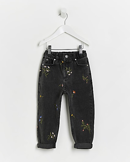 Mini girls Black Floral embroidered Mom Jeans