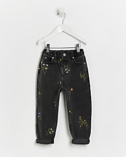 Mini girls Black Floral embroidered Mom Jeans