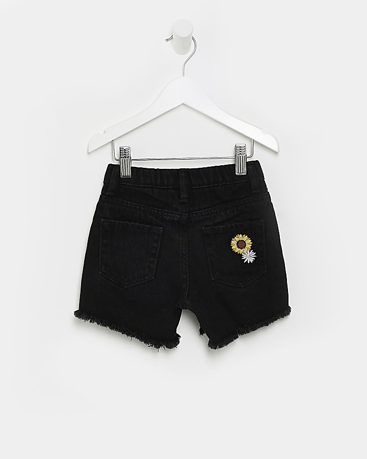 Mini girls black floral embroidered shorts