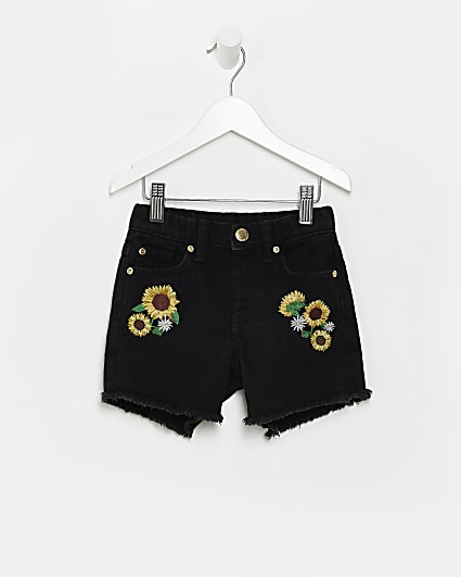 Mini girls black floral embroidered shorts