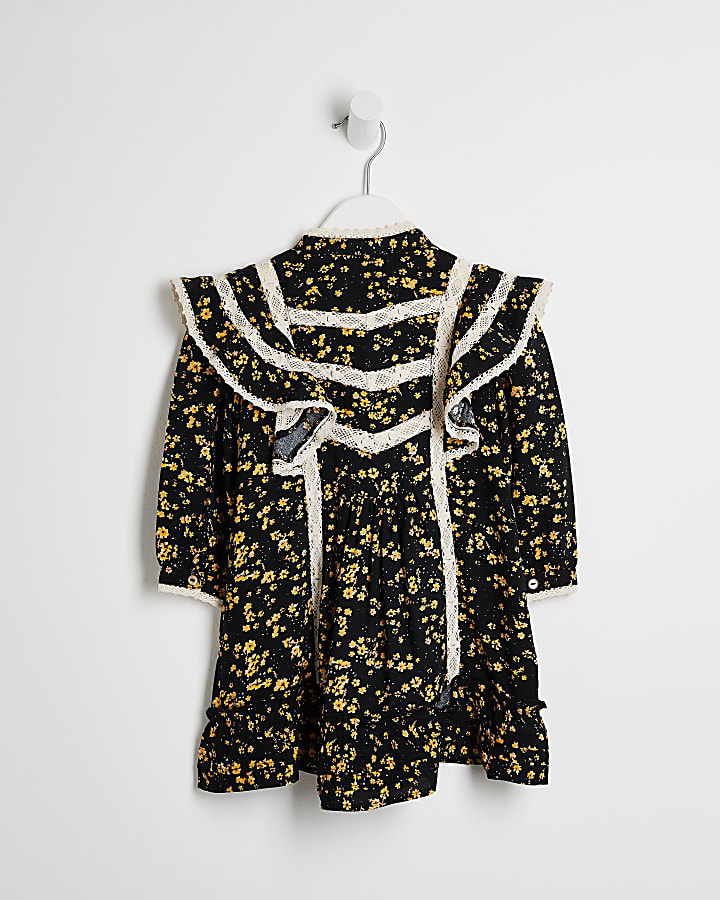 Mini girls black floral frill hem shirt dress