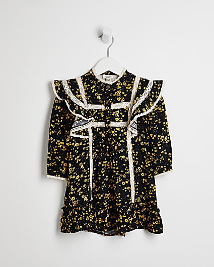 Mini girls black floral frill hem shirt dress