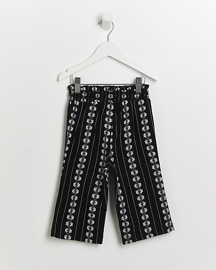 Mini girls black floral stripe trousers