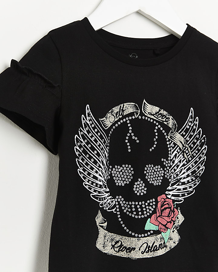 Mini girls black frill sleeve skull t-shirt
