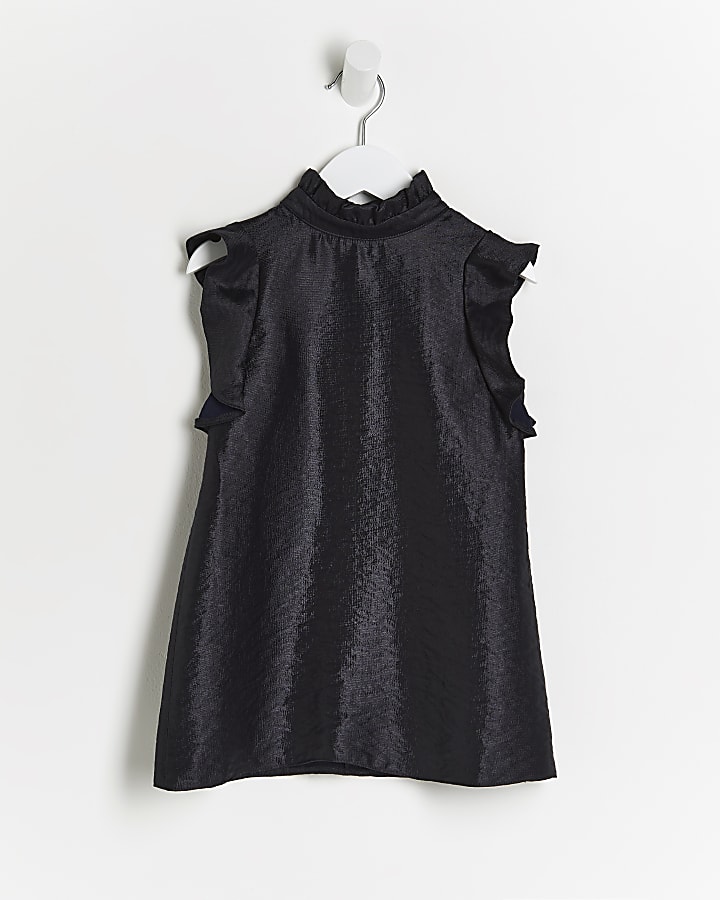 Mini girls black frill sleeve trapeze dress
