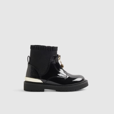 Mini Girls Black Frill Zip Front Boots