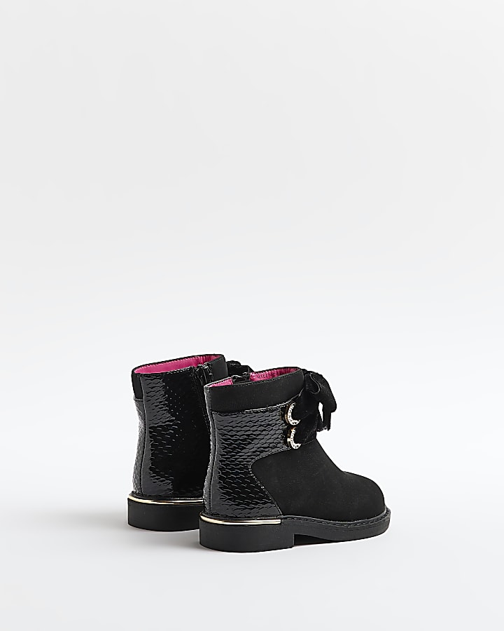 mINI gIRLS Black Front Bow Ankle BootS