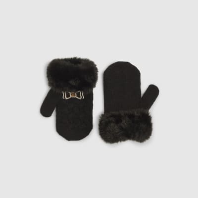 Mini Girls Black Fur Cuff Mittens