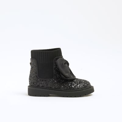 Mini Girls Black Glitter Bow Boots River Island