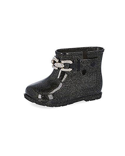 360 degree animation of product Mini girls black glitter chain wellie boots frame-1