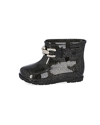 360 degree animation of product Mini girls black glitter chain wellie boots frame-2