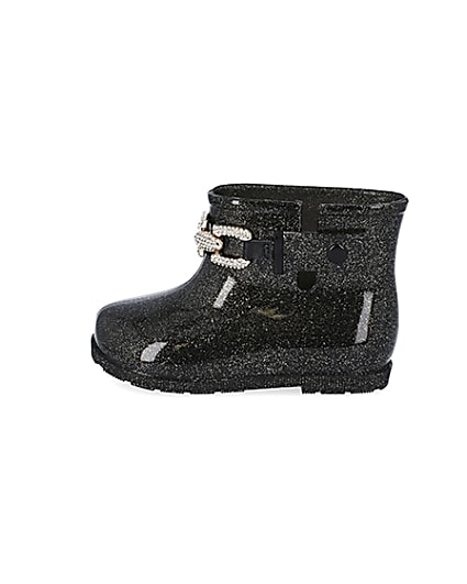 360 degree animation of product Mini girls black glitter chain wellie boots frame-3