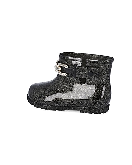 360 degree animation of product Mini girls black glitter chain wellie boots frame-4