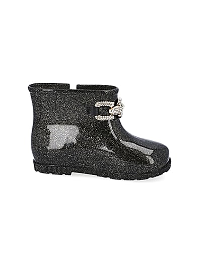 360 degree animation of product Mini girls black glitter chain wellie boots frame-15