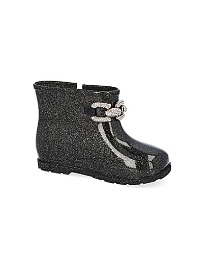 360 degree animation of product Mini girls black glitter chain wellie boots frame-16