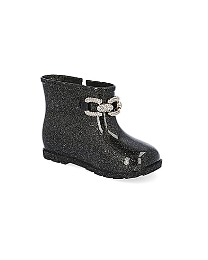 360 degree animation of product Mini girls black glitter chain wellie boots frame-17