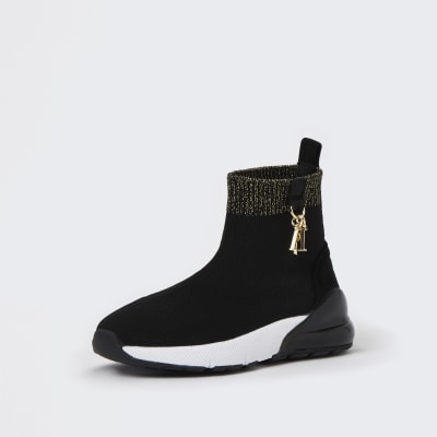 Mini girls black glitter knit trainers