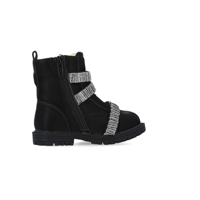 360 degree animation of product Mini Girls Black Glitter Strap Chelsea Boots frame-14