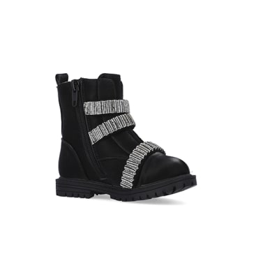 360 degree animation of product Mini Girls Black Glitter Strap Chelsea Boots frame-17