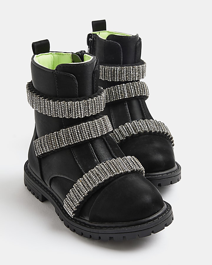 Mini Girls Black Glitter Strap Chelsea Boots