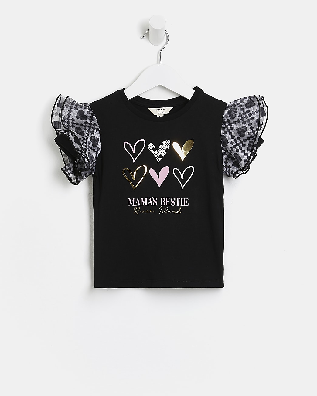 Mini girls black heart organza sleeve t-shirt