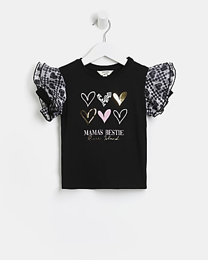Mini girls black heart organza sleeve t-shirt