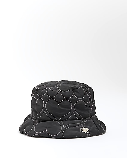 Mini girls black heart quilted bucket hat