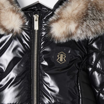 river island black high shine padded faux fur trim jacket