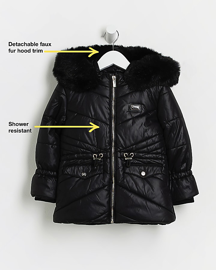 Mini girls black hooded puffer coat