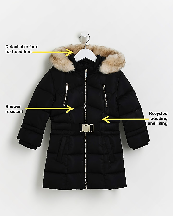 Mini girls black hooded puffer coat