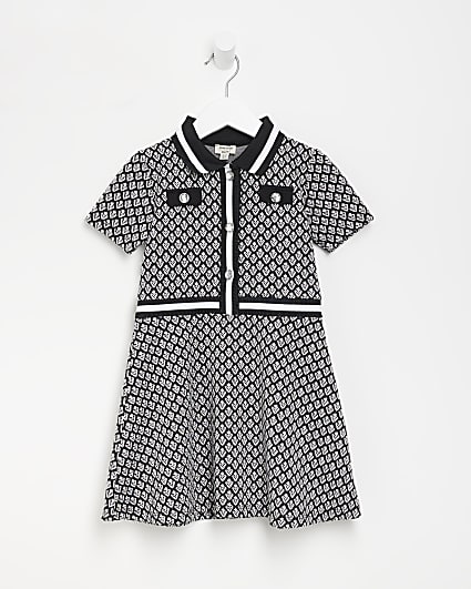 Mini girls Black Jacquard Polo Dress