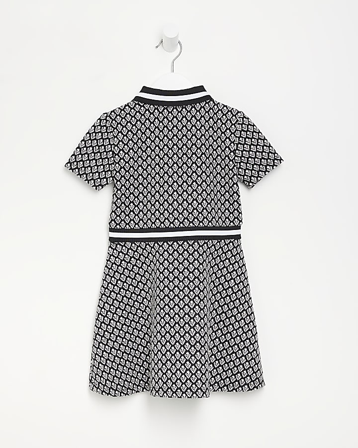 Mini girls Black Jacquard Polo Dress