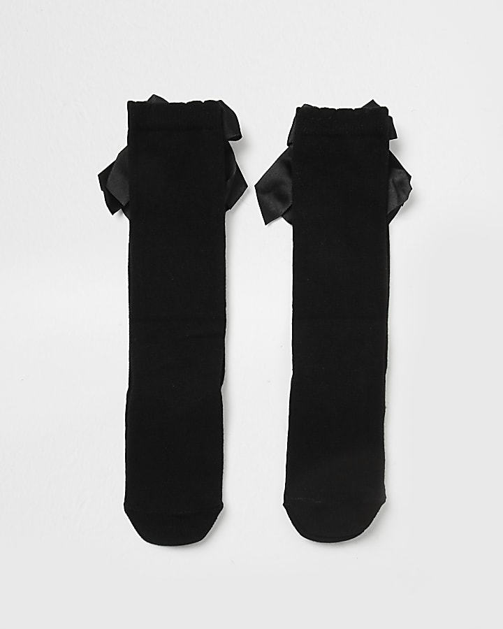Mini girls black knee high bow sock 2 pack