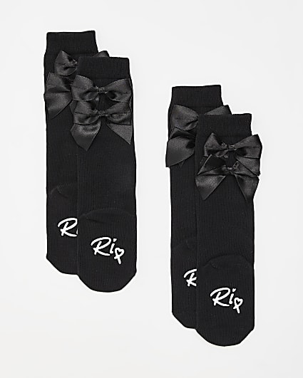 Mini girls black knee High Bow Socks 2 pack