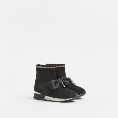 Mini girls black knit high top trainers