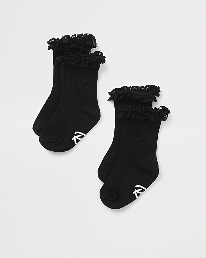 Mini girls black lace frill socks 2 pack