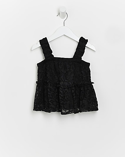 Mini girls black lace smock cami top