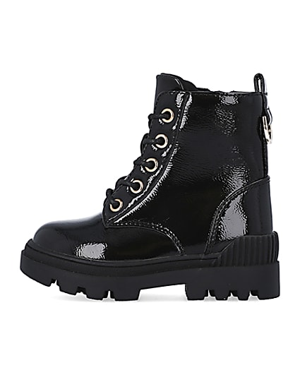 360 degree animation of product Mini girls black lace up patent chunky boots frame-3