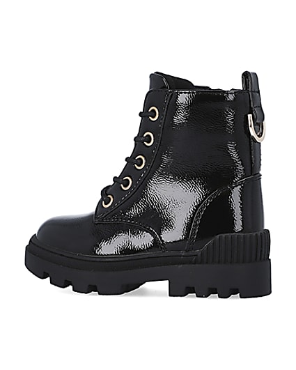 360 degree animation of product Mini girls black lace up patent chunky boots frame-4