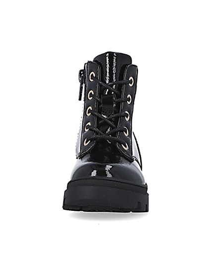 360 degree animation of product Mini girls black lace up patent chunky boots frame-21