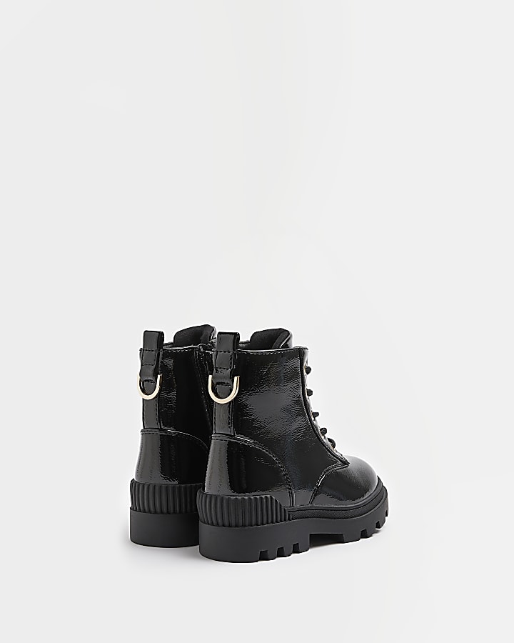 Mini girls black lace up patent chunky boots
