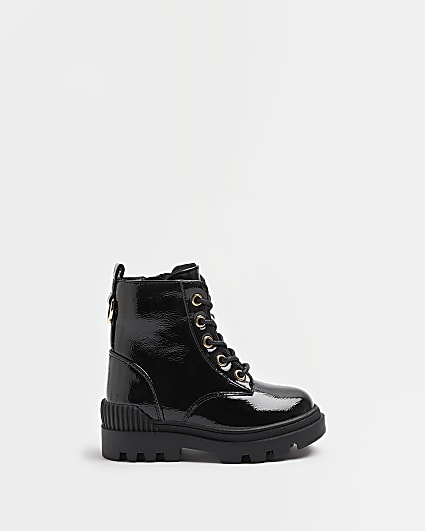 Mini girls black lace up patent chunky boots