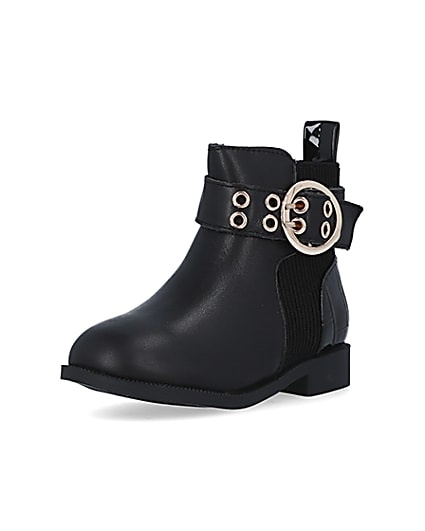 360 degree animation of product Mini Girls Black Leather Buckle Boots frame-0