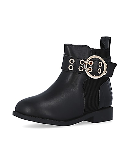360 degree animation of product Mini Girls Black Leather Buckle Boots frame-1