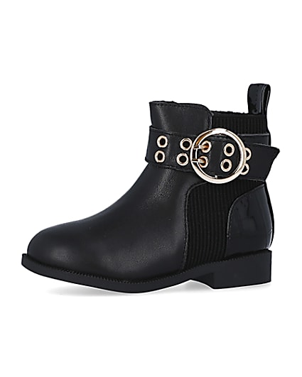 360 degree animation of product Mini Girls Black Leather Buckle Boots frame-2